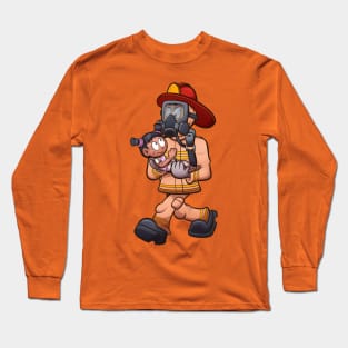 Cartoon Firefighter Saving Little Girl Long Sleeve T-Shirt